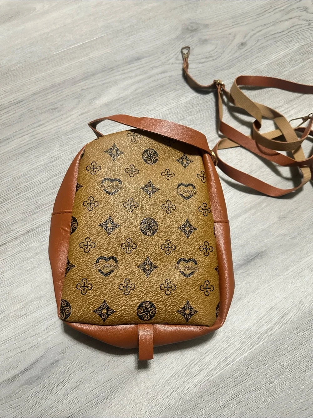 Women's Brown Monogram Crossbody Backpack - Stylish Tan Accent